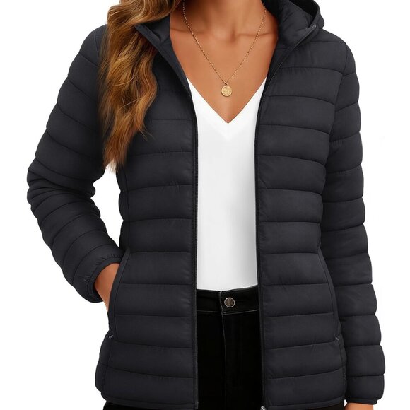 Lightweight Puffer Jacket Hooded Quilted Water-Resistant Winter Coat Chic